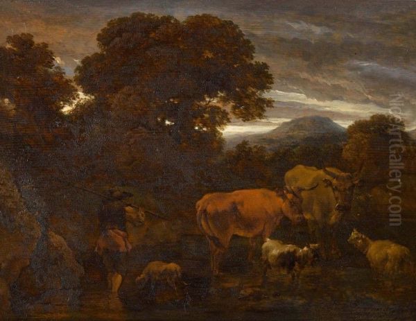 WOODED LANDSCAPE WITH A SHEPHERD AND HIS CATTLE FORDING A STREAM Oil Painting by Nicolaes Pieterszoon Berchem