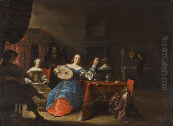 An Elegant Company Making Music In An Interior Oil Painting by Anthonie Palamedesz.