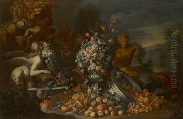 STILL LIFE OF FLOWERS IN A VASE, WITH FRUITS SPILLING FROM AN UPTURNED SILVER BOWL, STATUES AND A PARROT IN AN ITALIANATE LANDSCAPE Oil Painting by Gaetano Cusati