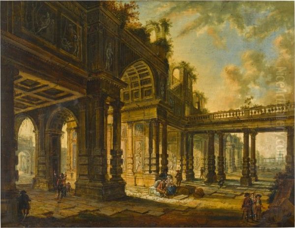 ARCHITECTURAL PALACE CAPRICCIO WITH FIGURES CONVERSING Oil Painting by Christian Stocklin