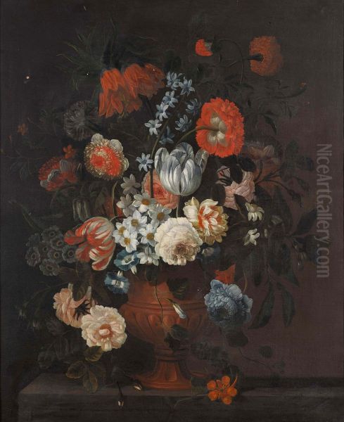 STILL LIFE OF TULIPS, NARCISSI, ROSES, PEONIES, CARNATIONS AND OTHER FLOWERS IN A VASE ON A STONE LEDGE Oil Painting by Simon Hardime