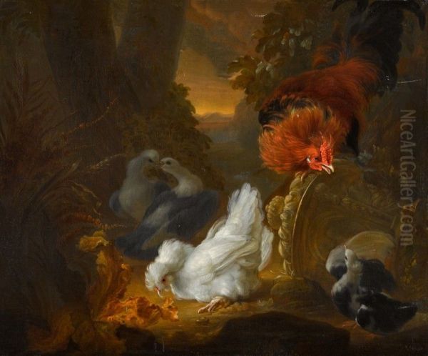 A HEN, COCKEREL AND PIGEONS IN A WOODED LANDSCAPE Oil Painting by Abraham Busschop