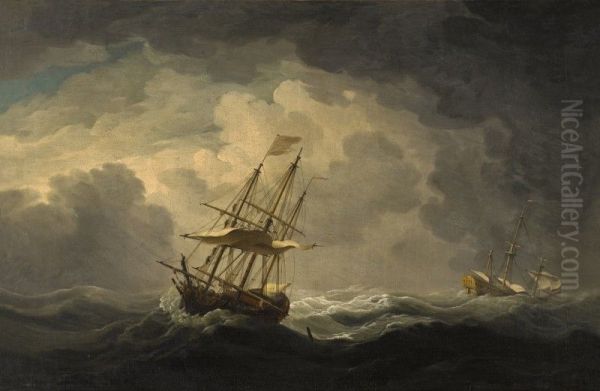 TWO MEN-OF-WAR IN A GALE Oil Painting by Charles Brooking