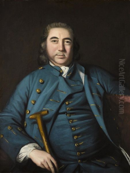 PORTRAIT OF EDWARD PAUNCEFORT (D. 1758), OF WITHAM-ON-THE-HILL, LINCOLNSHIRE, SEATED HALF-LENGTH, WEARING A BLUE COAT AND HOLDING A STICK Oil Painting by Joshua Reynolds