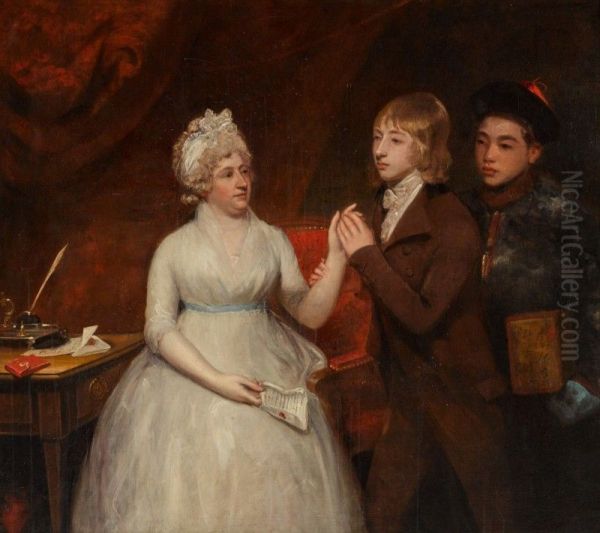 PORTRAIT OF LADY JANE STAUNTON (D. 1823) WITH HER SON, AFTERWARDS SIR GEORGE THOMAS STAUNTON BT. (1781-1859), AND A CHINESE ATTENDANT HOLDING A CHEST OF TEA Oil Painting by John Hoppner