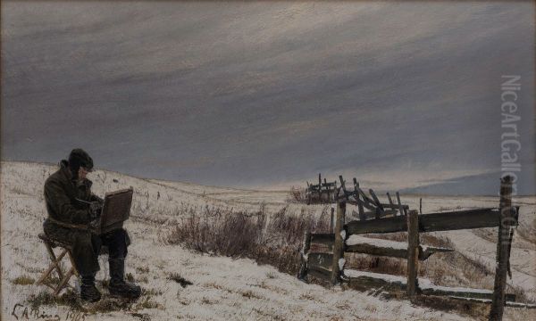 Snow landscape with the painter Aage Bertelsen at his work Oil Painting by Laurits Andersen Ring