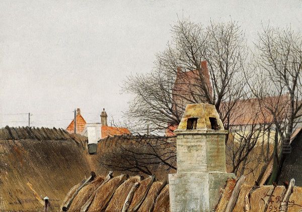 A view over the roofs at Skt. Jorgensbjerg, Denmark. Oil Painting by Laurits Andersen Ring