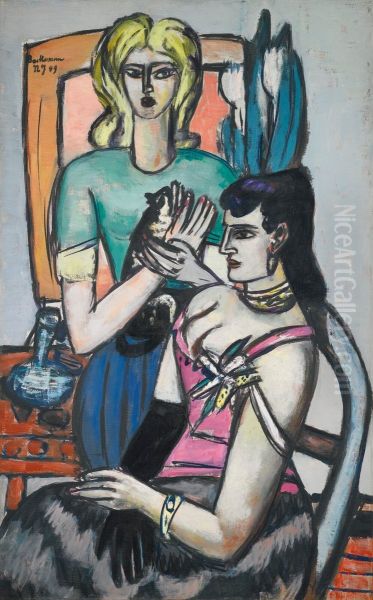 (BEFORE THE BALL - TWO WOMEN WITH A CAT) Oil Painting by Max Beckmann