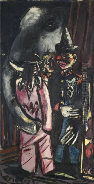 (ELEPHANT AND CLOWN IN THE STABLE) Oil Painting by Max Beckmann