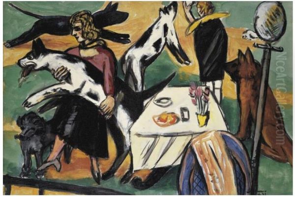 (GIRLS PLAYING WITH DOGS) Oil Painting by Max Beckmann