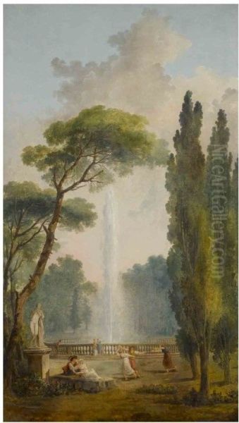 View of a garden with a large fountain at center and figures relaxing and dancing in the foreground Oil Painting by Hubert Robert