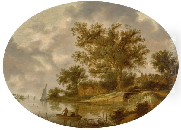 RIVER LANDSCAPE WITH FARM BUILDINGS, AND FIGURES IN A ROWING BOAT WITH A FISHING NET Oil Painting by Frans de Hulst