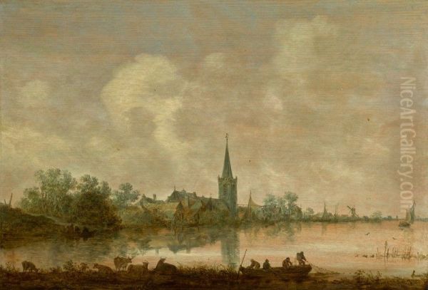 RIVER LANDSCAPE WITH A VILLAGE AT THE WATER'S EDGE, CATTLE AND FIGURES IN THE FOREGROUND Oil Painting by Jan van Goyen