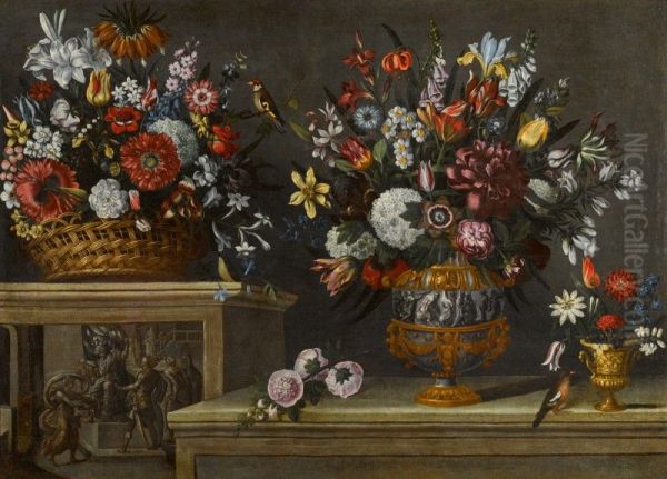 STILL LIFE WITH A BASKET OF FLOWERS ON A RAISED LEDGE, AND ONE LARGE AND ONE SMALLER VASE OF FLOWERS ON A LOWER LEDGE Oil Painting by Master of the grotesque vase