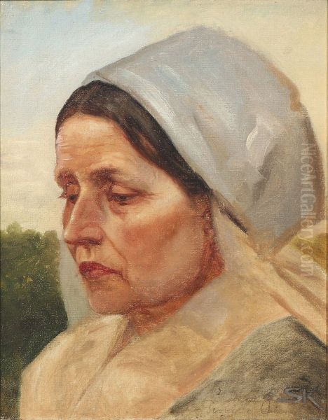 Studiehoved en face af en gammel Kone med hvidt Hovedtoj. Arildsleje. Oil Painting by Peder Severin Kroyer