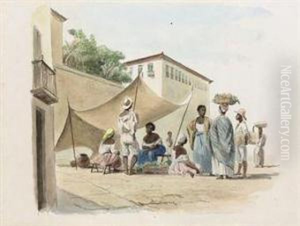 Rio De Janeiro: Negroes Selling Fruit And Vegetables Oil Painting by Abraham Louis Buvelot