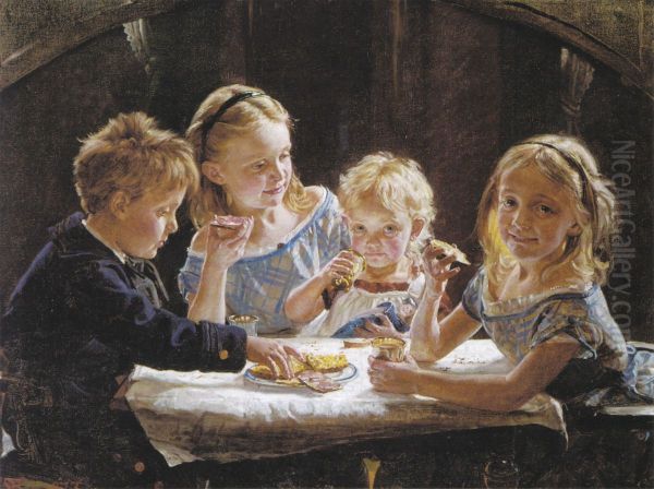 Four children having lunch. Oil Painting by Peder Severin Kroyer