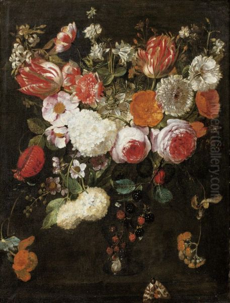 STILL LIFE WITH ROSES, TULIPS AND OTHER FLOWERS IN A VASE TOGETHER WITH BLACKBERRIES AND A MOTH Oil Painting by Gaspar Peeter Verbruggen the Elder