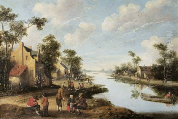 A RIVER LANDSCAPE WITH FIGURES RESTING NEAR AN INN Oil Painting by Cornelis Droochsloot