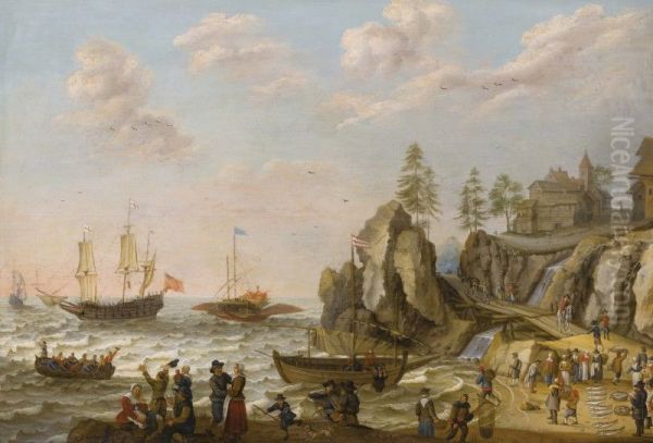 A COASTAL LANDSCAPE WITH A GALLEY, AN ENGLISH GALLEY FRIGATE, AND A ROWING BOAT IN CHOPPY WATERS Oil Painting by Isaac Willaerts