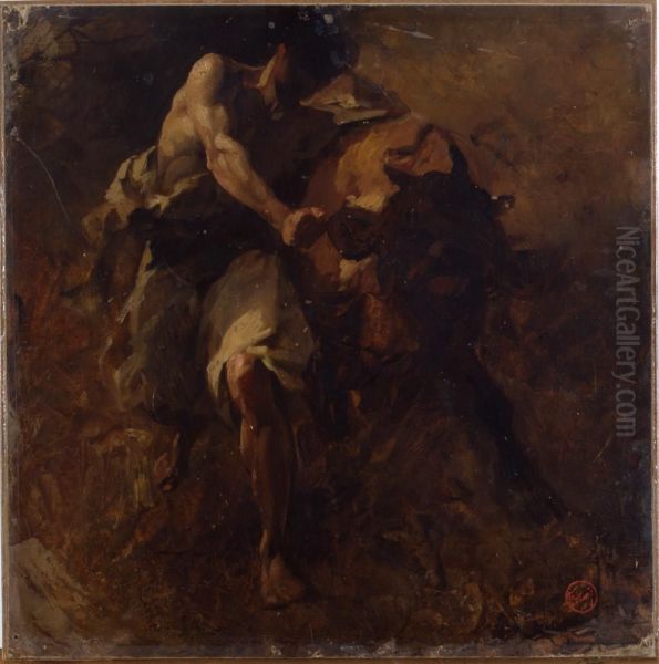 A Sketch (Man Wrestling a Bull) Oil Painting by Maria Fortuny Marsal