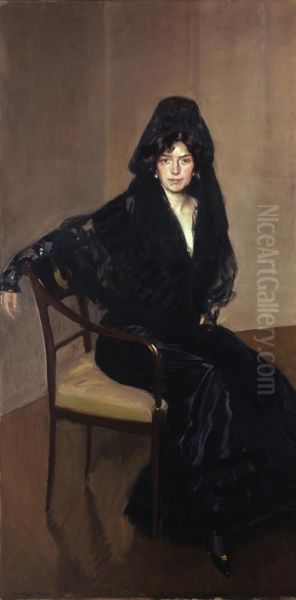 Senora de Sorolla in a Spanish Mantilla Oil Painting by Joaquin Sorolla