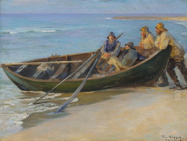 Skagen North Beach. A green boat at the water edge. Two fishermen sitting in the boat, the leaning on the rails. In the boat a pike pole and two oars. Oil Painting by Peder Severin Kroyer