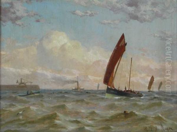 Fishing Boats Off The Port Of Leith Oil Painting by W J M Buyer