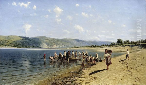 Fishing on theDnieper Oil Painting by Nikolay Sergeyev