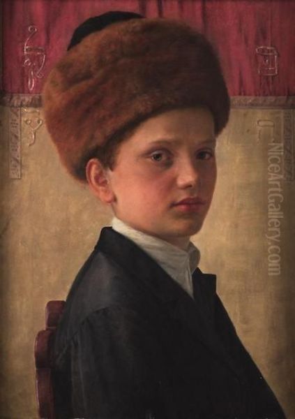 Portrait of a yeshiva boy wearing a streimel Oil Painting by Isidor Kaufmann