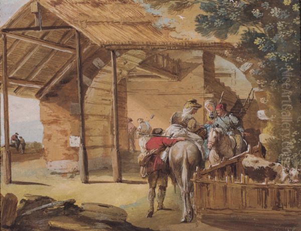 Scene with women on horseback in a cottage Oil Painting by Giuseppe Bernardino Bison