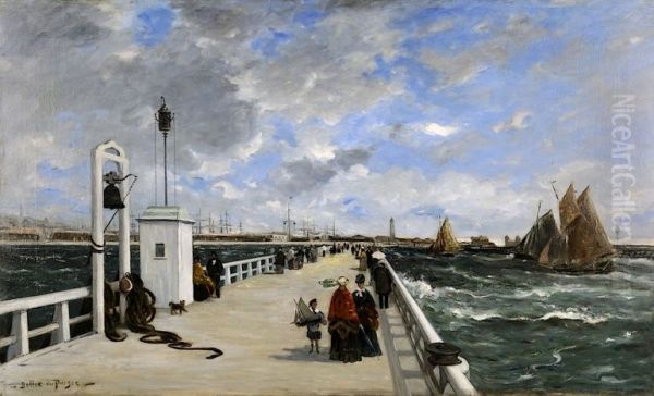 Spazierganger auf der Seebrucke von Trouville-sur-Mer Oil Painting by Joseph Alfred Bellet du Poisat