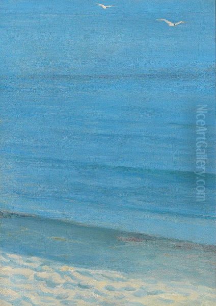 Study of a beach with a couple of terns in the air, and a strip of sand with footprints. Slightly hazy. Oil Painting by Peder Severin Kroyer