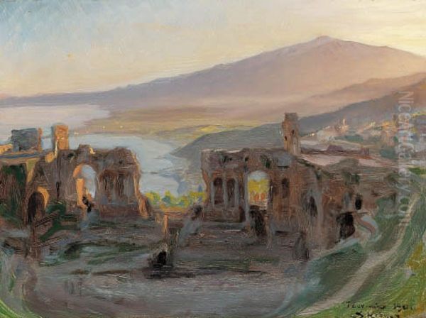 Aftenlandskab ved det antikke teater i Taormina med udsigt over Etna og Golfen. Oil Painting by Peder Severin Kroyer