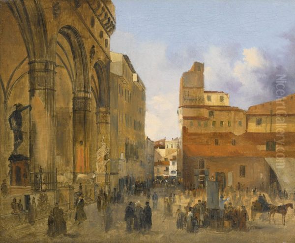 Florence, A View of the Piazza della Signoria with the Loggia dei Lanzi at Left Oil Painting by Ippolito Caffi