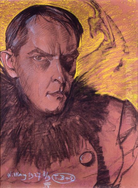 Self-portrait wearing a fur collar Oil Painting by Stanislaw Ignacy Witkiewicz