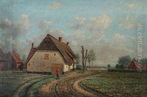 Boerderijen Met Boer Opwegeltje Oil Painting by Victor Buyle