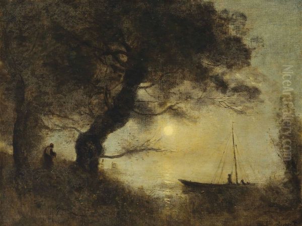 Le bateau au claire de lune Oil Painting by Jean-Baptiste Camille Corot