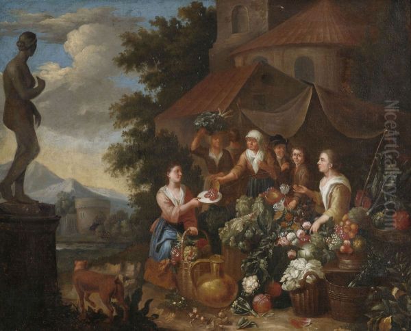 Verkauf von Gemuse und Blumen an einem italienischen Marktstand. Oil Painting by Norbert van Bloemen