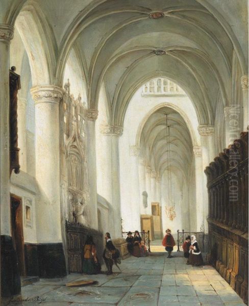 Sunlit Cathedral With Townspeople Oil Painting by Geetruida Maria Buys