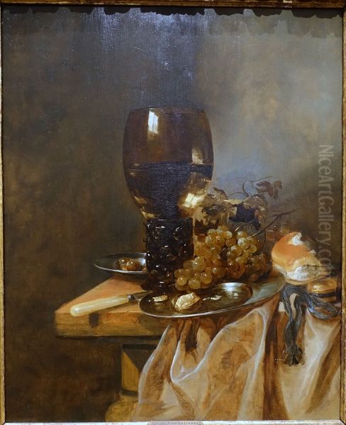 A Roemer with Grapes, a Pewter Plate and a Roll Oil Painting by Abraham Van Beijeren