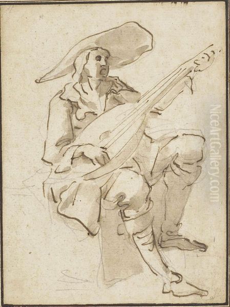 A Seated Lutenist Wearing A Wide-brimmed Hat Oil Painting by Willem Buytewech