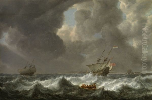 Dutch Merchantmen in Rough Seas off a Rocky Coast Oil Painting by Simon De Vlieger