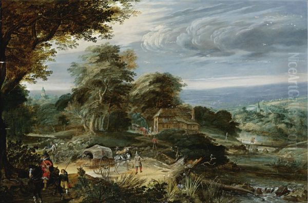 Extensive landscape with travelers on a path by a river, a cottage beyond Oil Painting by Pieter Stalpaert