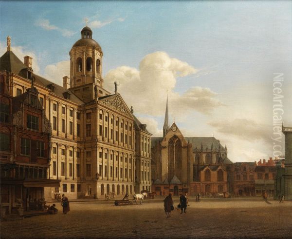 View of the dam with the Town Hall in Amsterdam Oil Painting by Jan Van Der Heyden