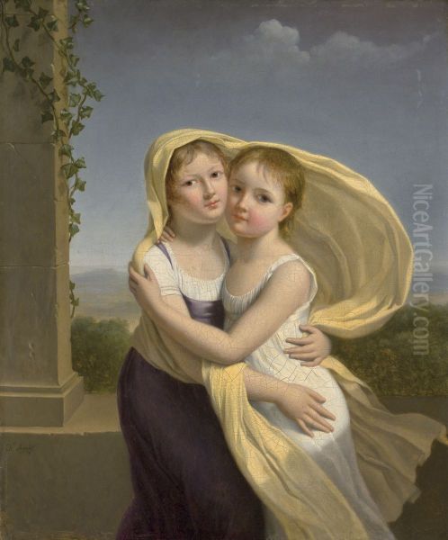 Portrait de petits filles enlacees Oil Painting by Jeanne-Elisabeth Chaudet