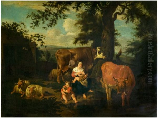 Mother and Child with Cattle in Landscape Oil Painting by Jacob Van Der Does