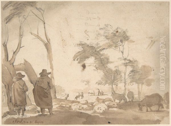 Landscape with Sheep and Two Figures Oil Painting by Jacob Van Der Does