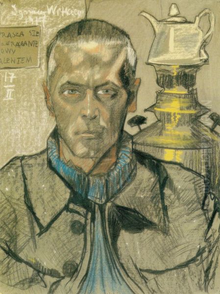 Self-portrait with samovar Oil Painting by Stanislaw Ignacy Witkiewicz