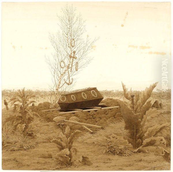 Coffin at the edge of a grave Oil Painting by Caspar David Friedrich